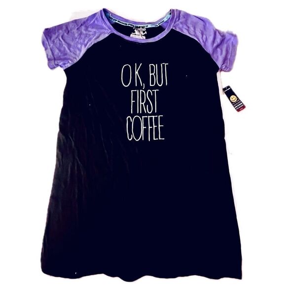 NWT Joe Boxer Gorgeous S OK BUT FIRST COFFEE Black Purple Nightgown Pajama Shirt - Picture 1 of 11